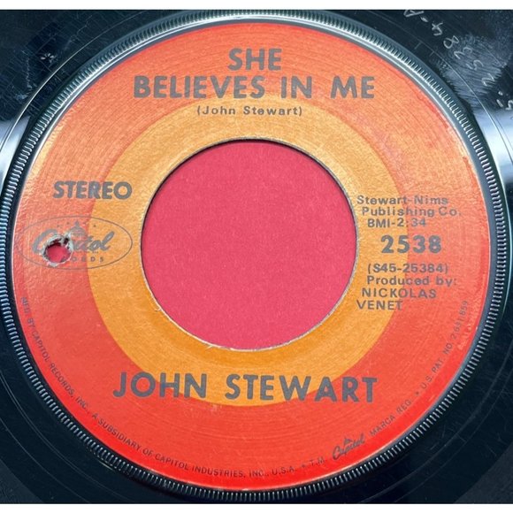 John Stewart She Believes in Me / July You're a Woman 45 Country Capitol 2538 - Picture 1 of 4